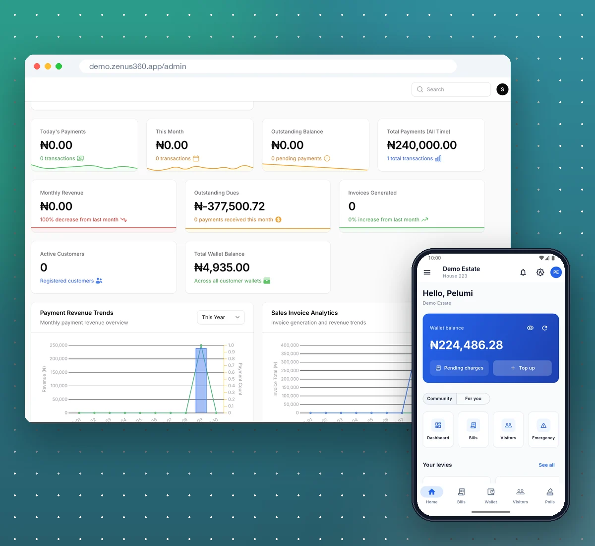 Zenus360 admin dashboard showing estate payments and revenue, with the resident mobile app
