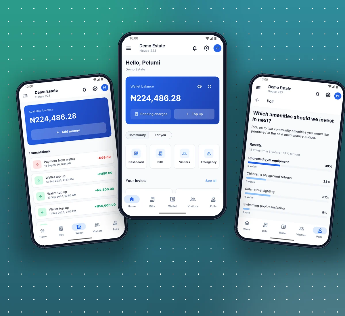 Zenus360 resident mobile app screens: wallet, home and community poll